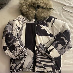 Jojos Bizarre Black White Fur Parka Bubble Coat With removable Fur Hoodie Puffer